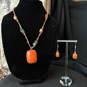 Longer Orange Pendant Necklace with Knotted Cords Holds Gray Tan Gems + Earrings